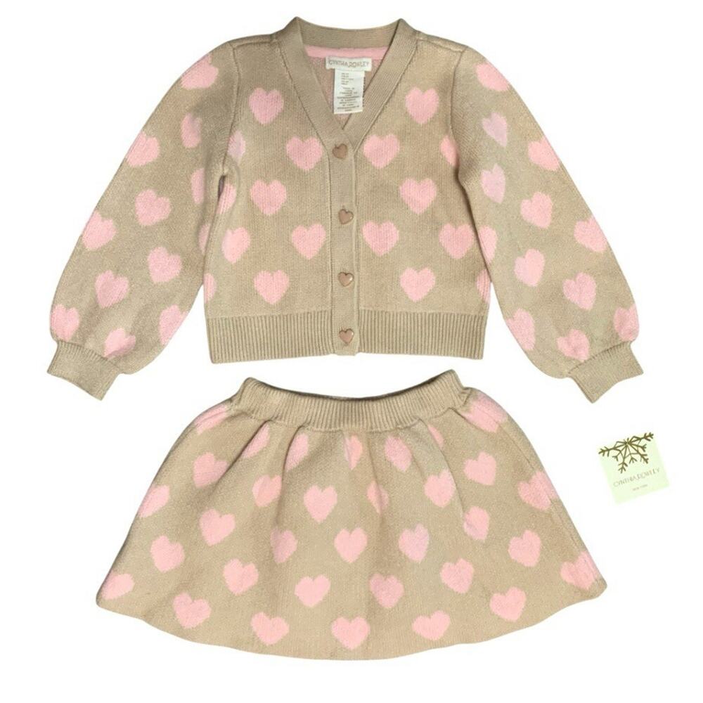 Cynthia Rowley Toddler Girl 2 Piece Cardigan Sweater Set Pink Heart Pattern 2T